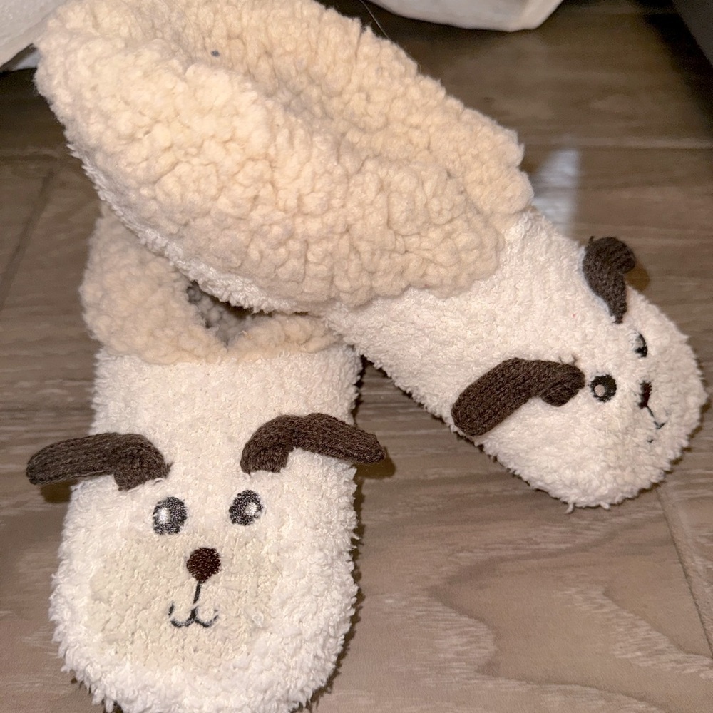 Cute dog  slipper socks their fluffy texture, brown ears, embroidered face s/m